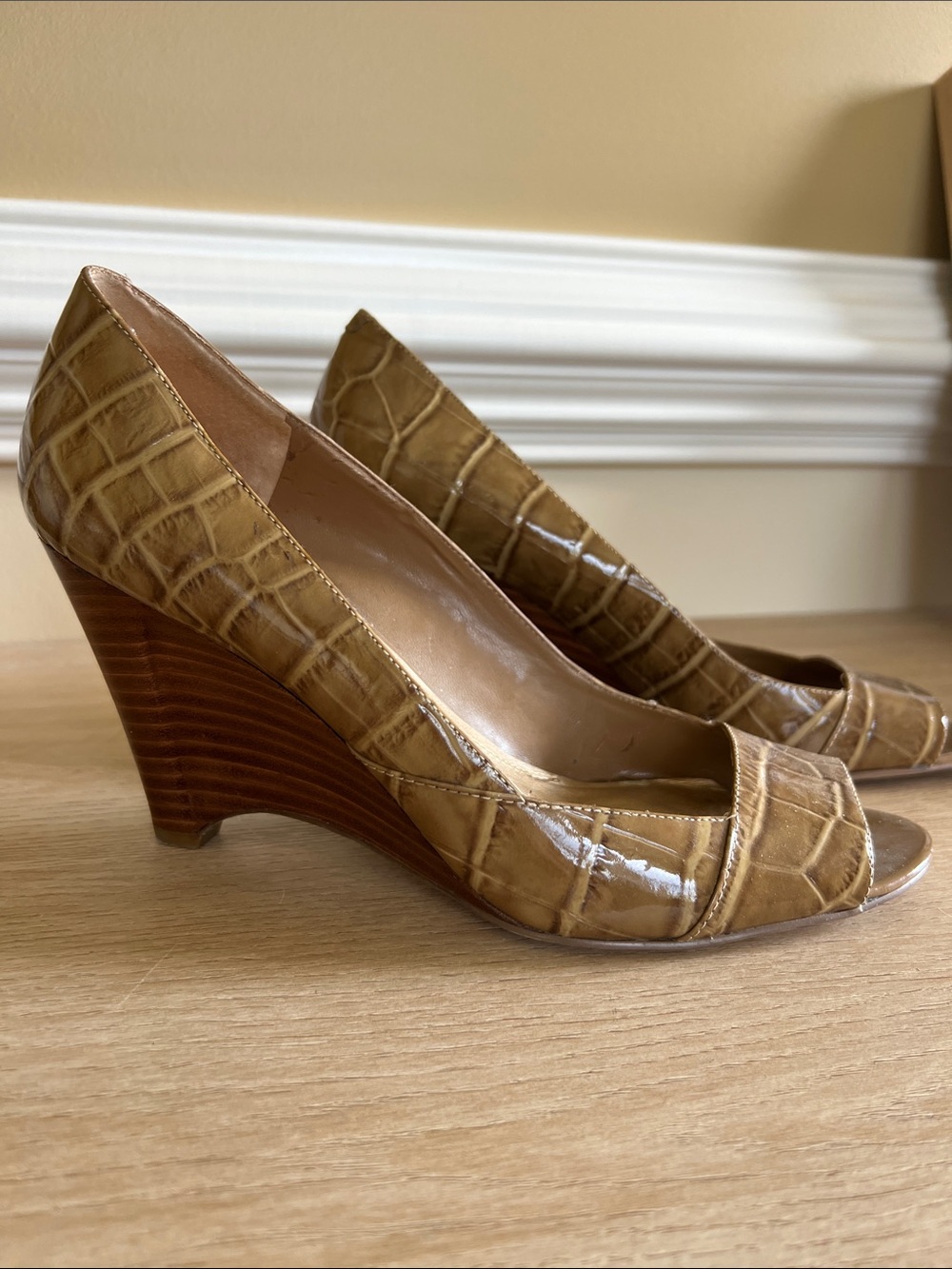 Bandolino Caramel Croc-Embossed Wedge Peep-Toe Heels